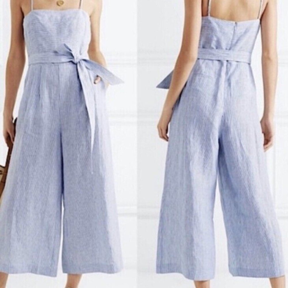 J. CREW Blue Striped Tie Waist Linen Jumpsuit Size 2 - Picture 2 of 12